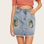 Romwe Sequin Pineapple Patched Bleach Wash Denim Skirt