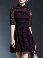 Romwe Black Collar Striped Sheer Lace A-line Dress