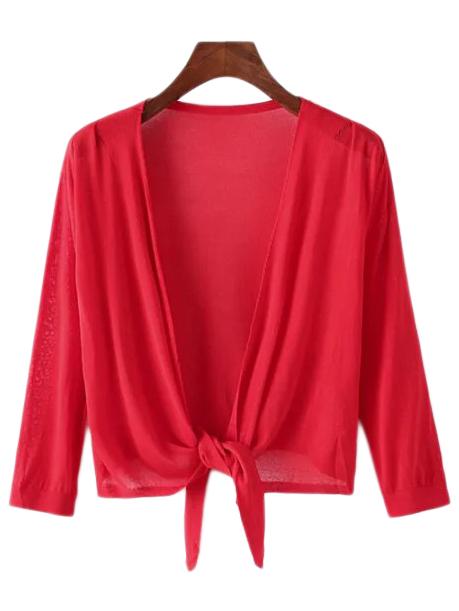 Romwe Red Self-tie Bow Hem Cardigan Knitwear