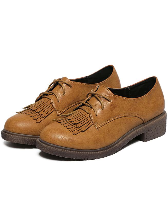 Romwe Orange Round Toe Tassel Lace Up Flats