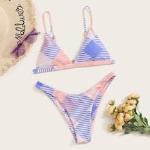 Romwe Patchwork Striped Triangle Top With High Leg Bikini