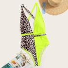 Romwe Neon Lime Leopard Backless One Piece Swimwear