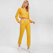 Romwe Cropped Hoodie With Checkered Side Drawstring Pants