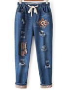Romwe Blue Tribal Embroided Ripped Drawstring Waist Jeans