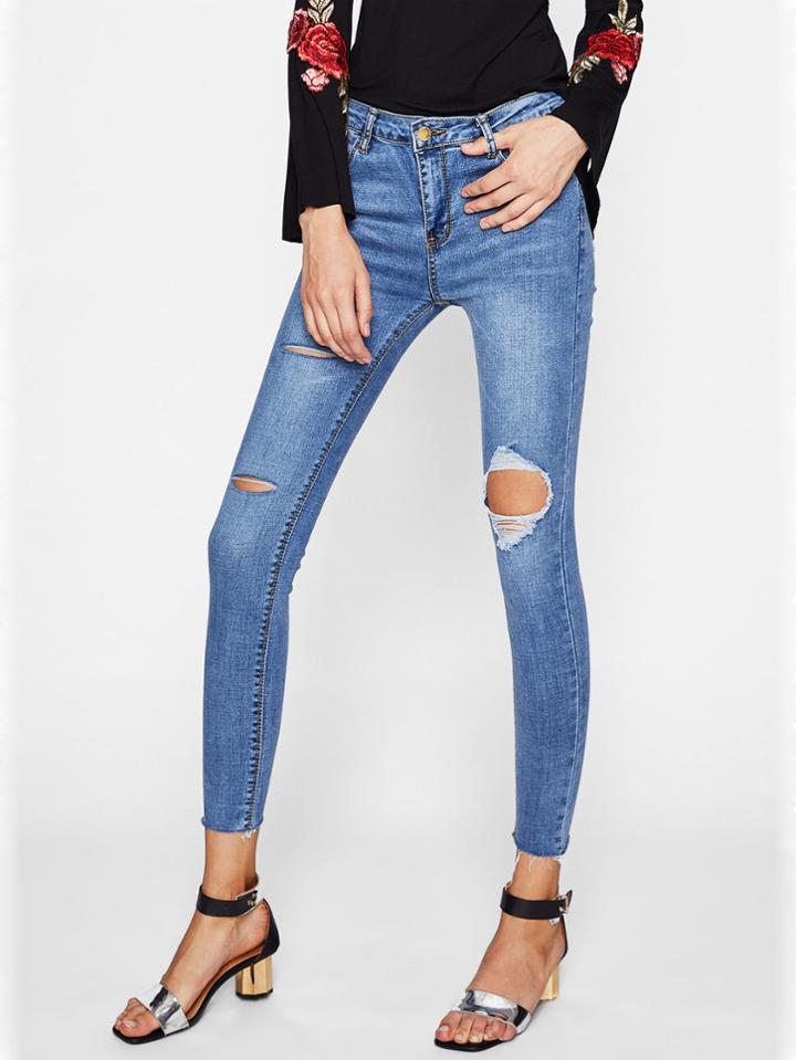 Romwe Frayed Hem Ripped Skinny Jeans