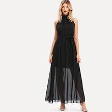 Romwe Stand Neck Self Tie Waist Dress