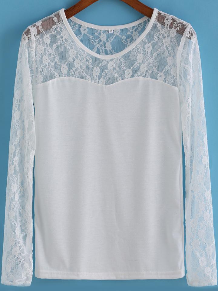 Romwe Lace Insert Long Sleeve White T-shirt