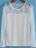 Romwe Lace Insert Long Sleeve White T-shirt