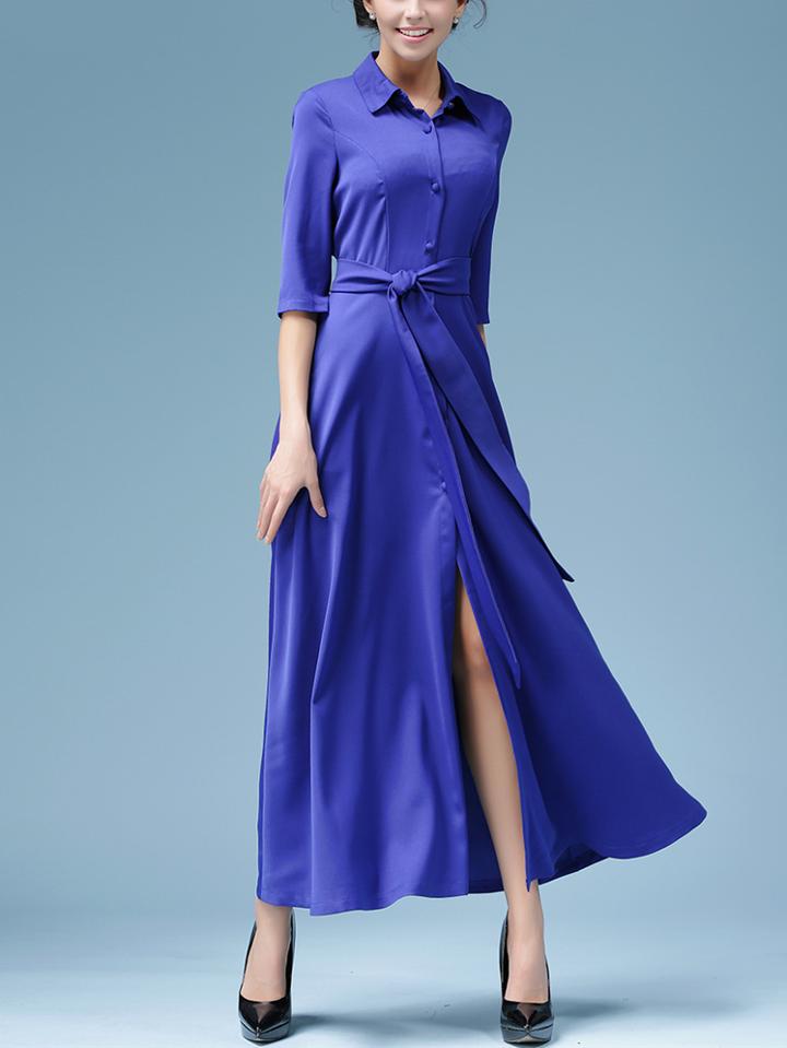 Romwe Lapel Elbow Sleeve Buttons Belt Shirt Dress