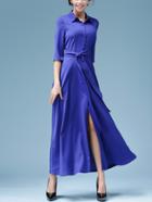 Romwe Lapel Elbow Sleeve Buttons Belt Shirt Dress