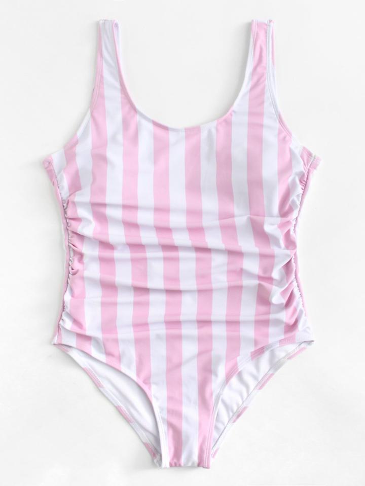 Romwe Ruched Detail Low Back Striped Swimsuit