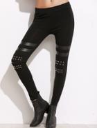 Romwe Black Striped Studded Embellished Skinny Leggings