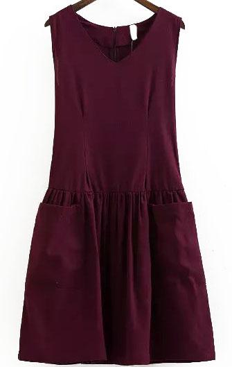 Romwe V Neck With Pockets Shift Wine Red Dress