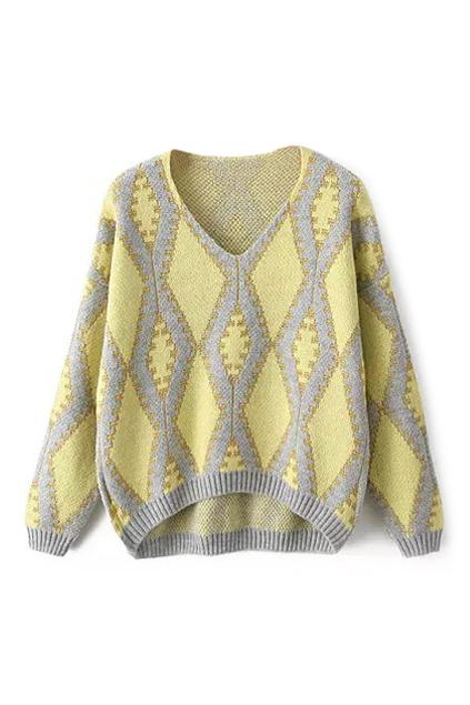 Romwe Rhombus Pattern Knitted Arc Hem Jumper