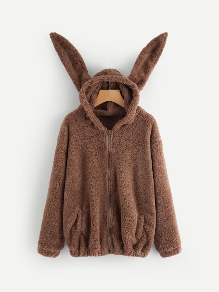 Romwe Faux Shearling Long Ear Hooded Coat