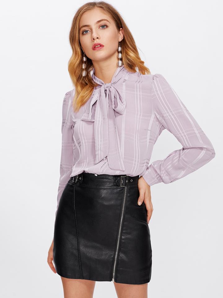Romwe Bow Tie Neck Curved Hem Blouse