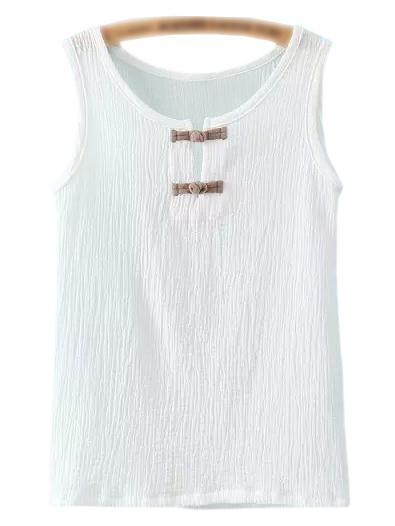 Romwe White Round Neck Frog Closure Tank Top