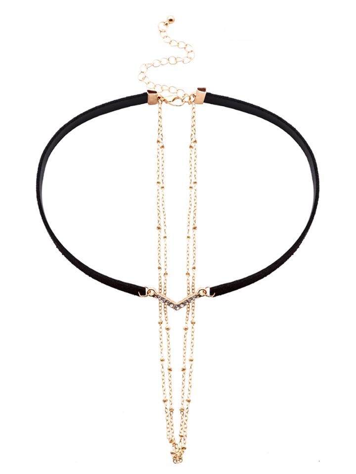 Romwe Black Faux Leather Layered Chain Rhinestone Choker Necklace