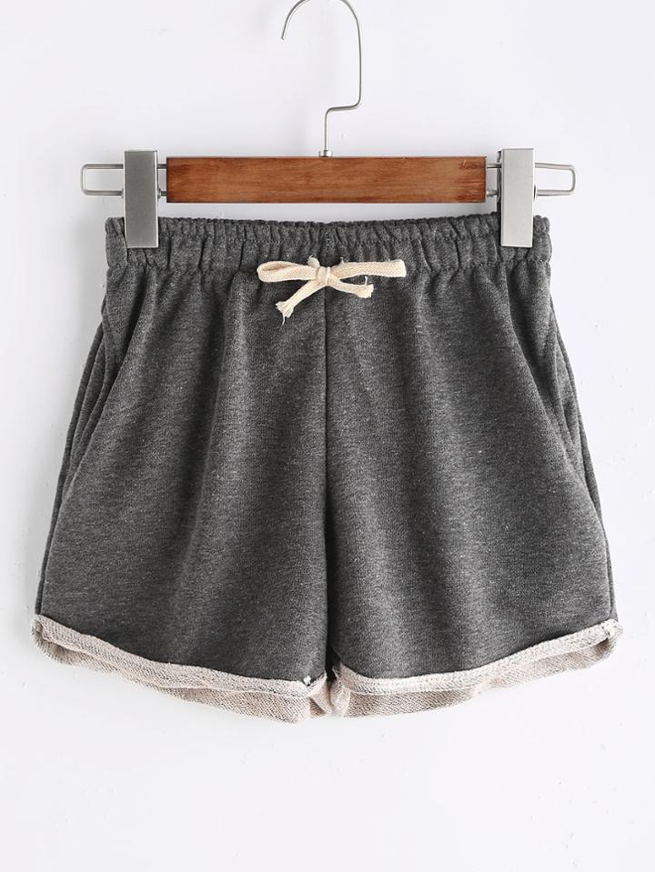 Romwe Grey Rolled Drawstring Waist Shorts