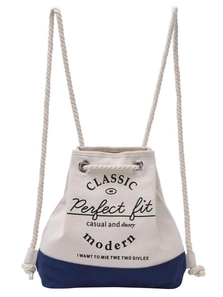 Romwe Letter Print Contrast Canvas Drawstring Backpack - Blue