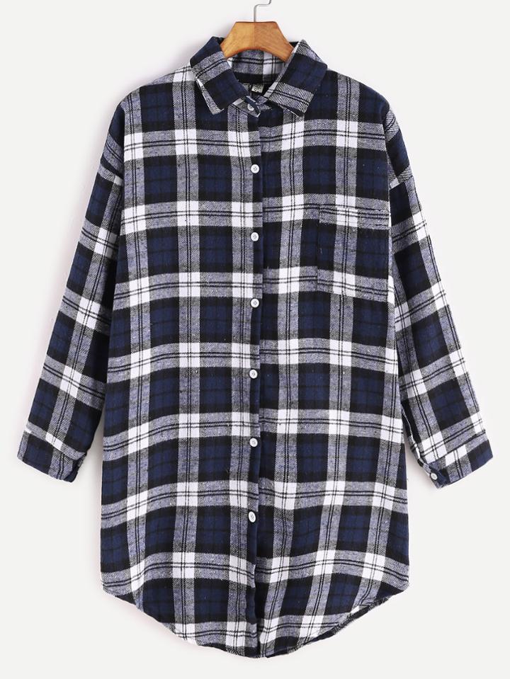 Romwe Navy Plaid Dropped Shoulder Seam Curved Hem Blouse