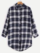 Romwe Navy Plaid Dropped Shoulder Seam Curved Hem Blouse
