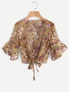 Romwe Fluted Sleeve Knot Open Front Random Floral Top