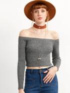 Romwe Grey Cold Shoulder Crop Sweater