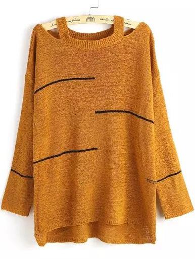 Romwe Striped Open Shoulder Knit Yellow Sweater