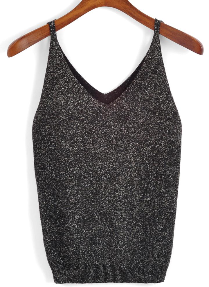 Romwe V Neck Knit Black Tank Top