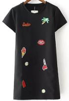 Romwe Black Short Sleeve Sequined Embroidered Dress