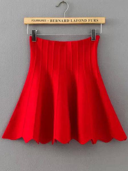 Romwe Scalloped Hem Jersey Flare Red Skirt
