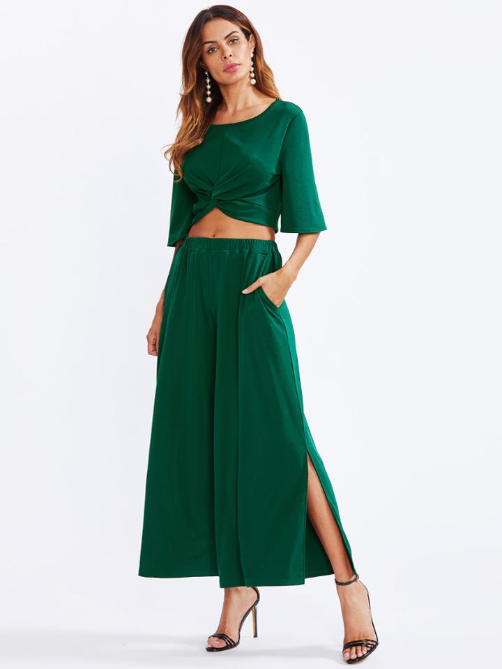 Romwe Twist Front Crop Top With Slit Palazzo Pants Set