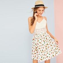Romwe Elastic Waist Carrot Print Ruffle Hem Skirt