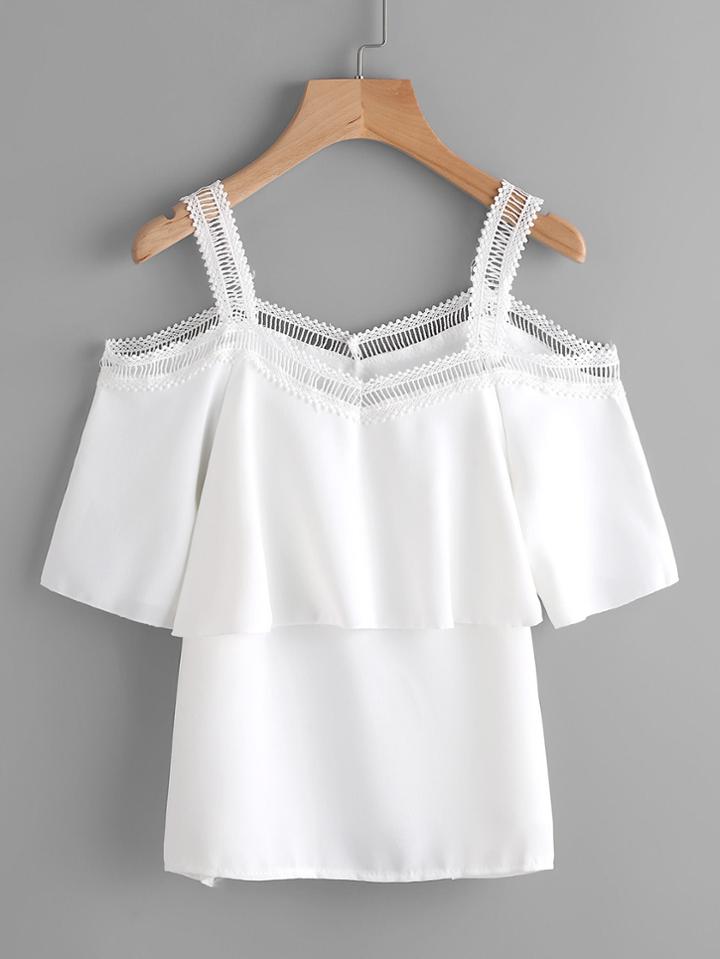 Romwe Open Shoulder Lace Trim Layered Top