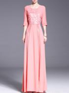 Romwe Pink Crochet Hollow Out Embroidered Maxi Dress