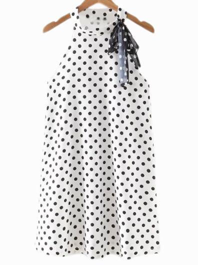 Romwe Black White Sleeveless Self-tie Bow Polka Dots Dress