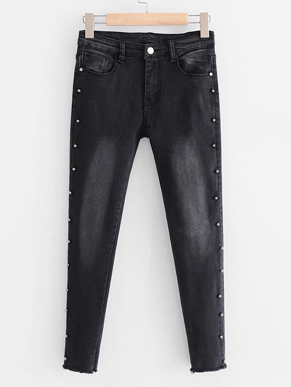 Romwe Raw Hem Studded Trim Jeans