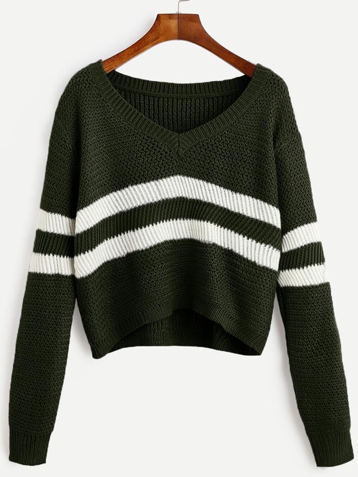 Romwe Dark Green Striped V Neck Crop Sweater