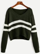 Romwe Dark Green Striped V Neck Crop Sweater