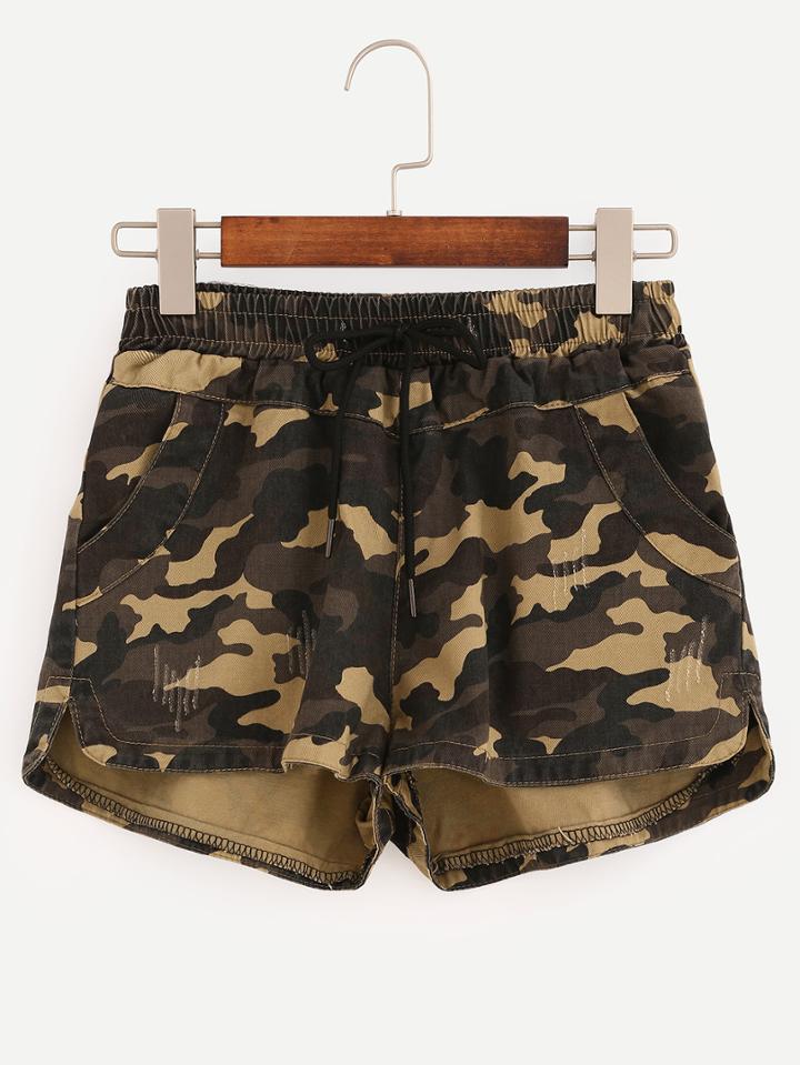Romwe Elastic Waist Camouflage Shorts - Olive Green