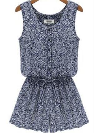 Romwe Sleeveless Floral Slim Buttons Jumpsuit