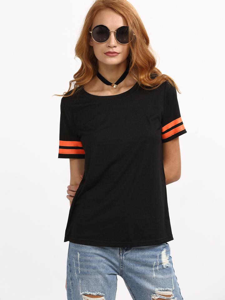 Romwe Black Short Sleeve Striped Cuff T-shirt