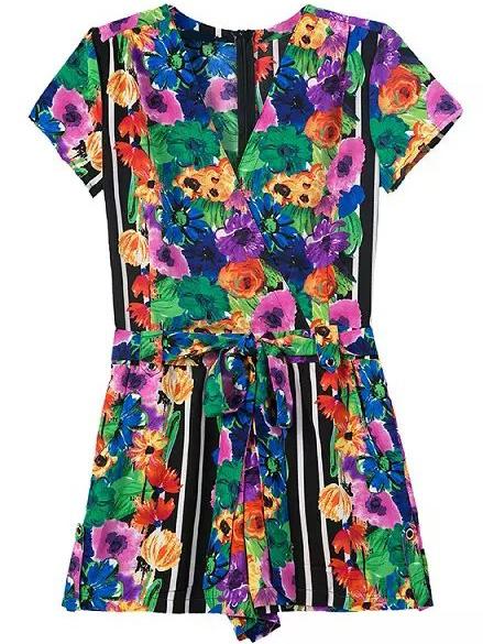 Romwe Deep V Neck Florals Belt Romper