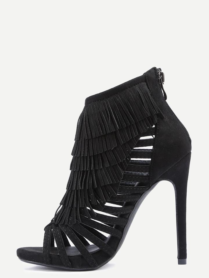Romwe Black Zipper Fringe High Heels