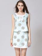 Romwe Bow Flower Print Tank Top With Green Skirt