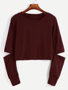 Romwe Burgundy Cut Out Sleeve Crop Sweatshirt