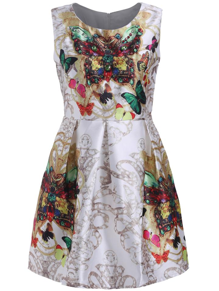 Romwe With Jewelled Butterfly Print Flare Dress