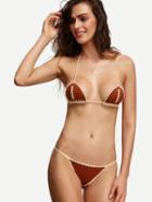 Romwe Brown Contrast Crochet Trim Triangle Bikini Set