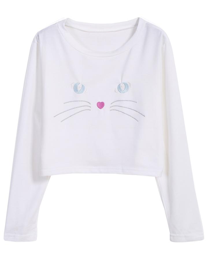 Romwe Cat Embroidery White Crop Sweatshirt